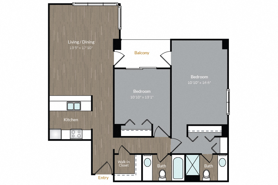 Floor plan for 2 beds, 2 baths, 931 sqft